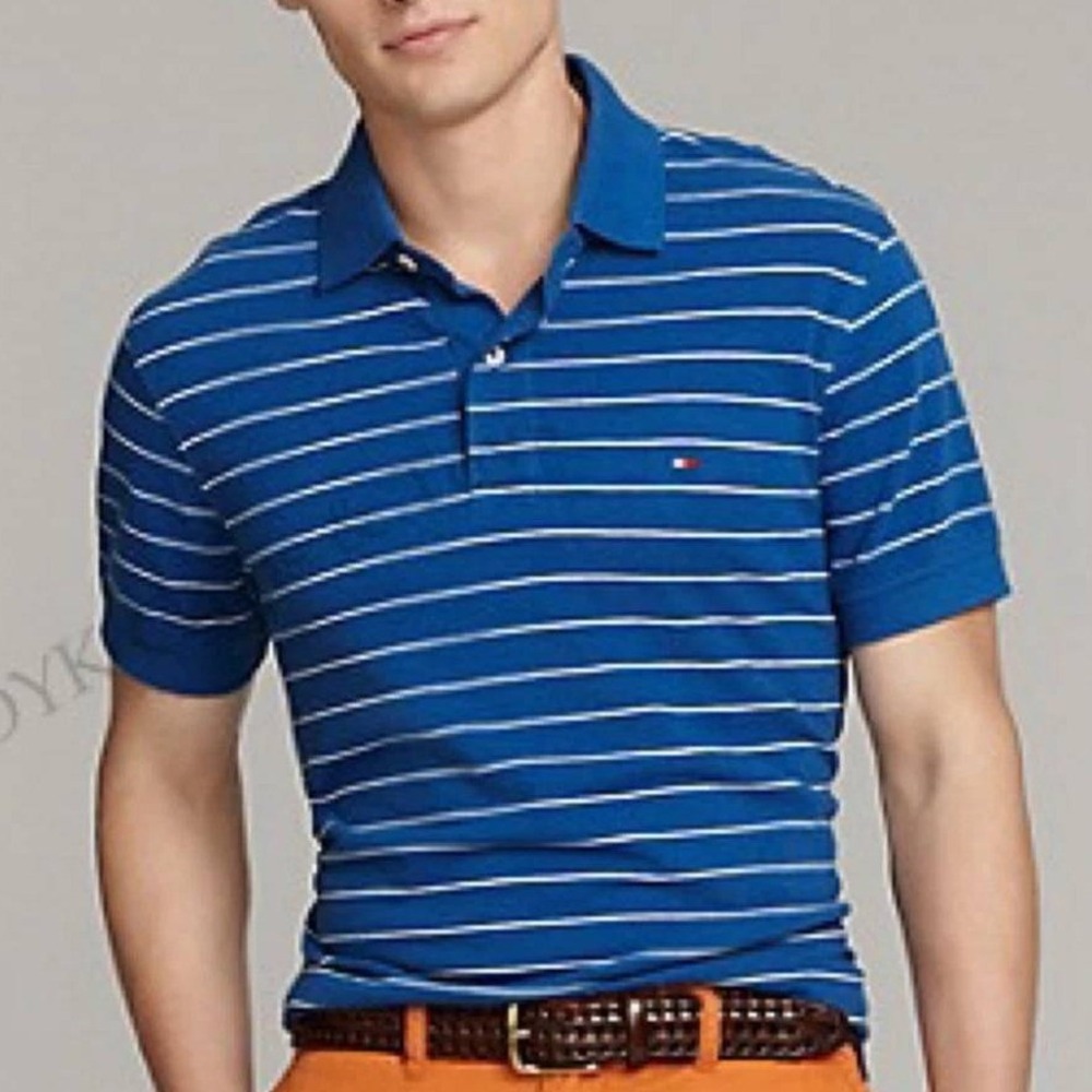 Tommy Hilfiger Polo Shirt Men's M Blue Cotton Blend Striped Classic Fit